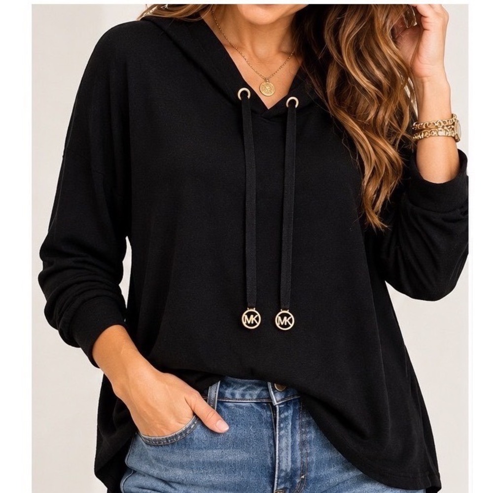 Michael Kors Womens Black Long Sleeve Knit Pullover Hoodie Gold Logo Size L